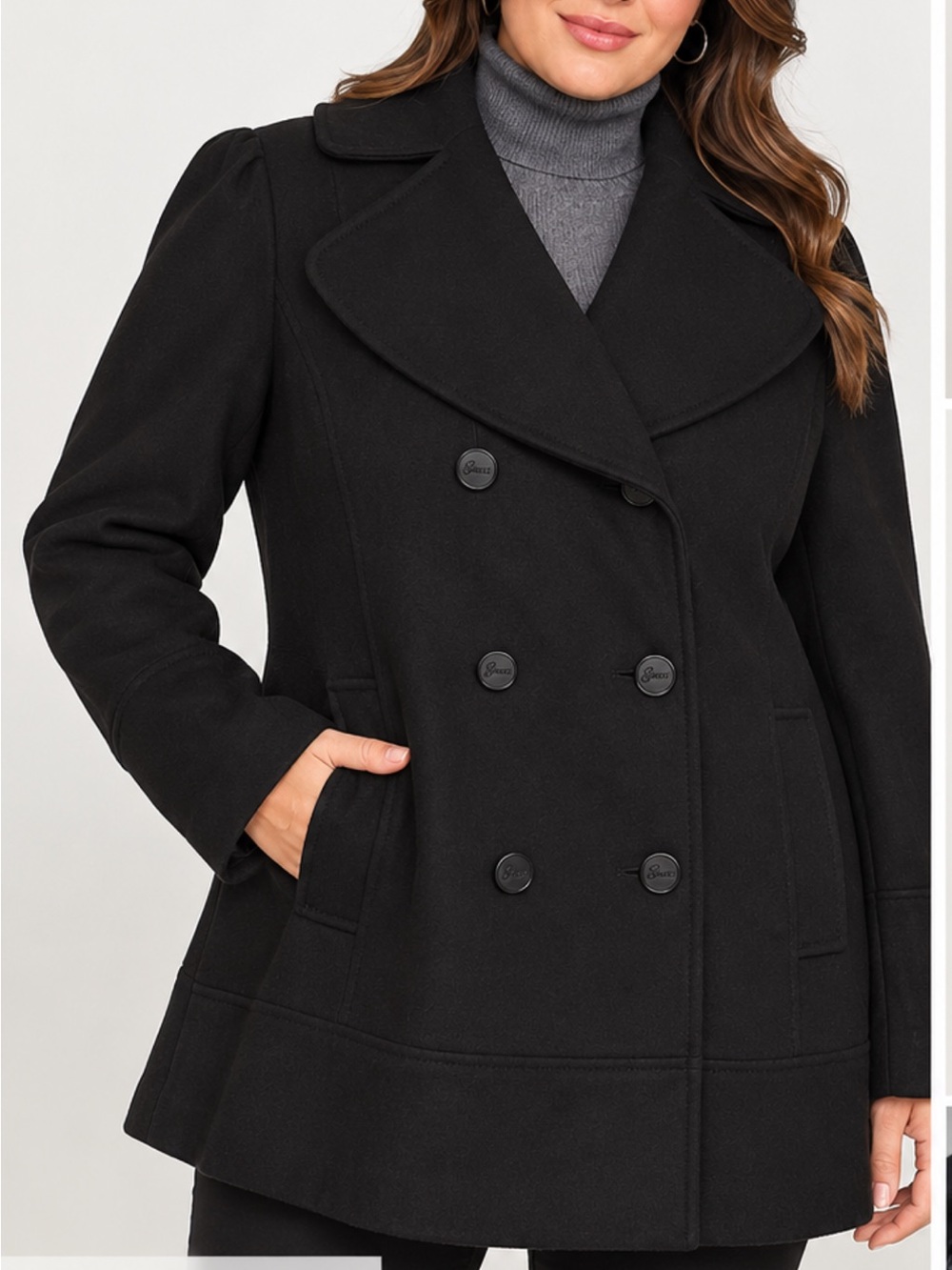 GUESS 2X Black Wool Blend Double Breasted Peacoat Winter Coat